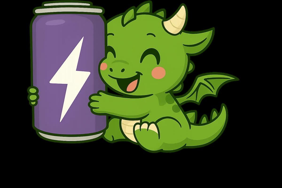 Green dragon hugging purple energy drink can